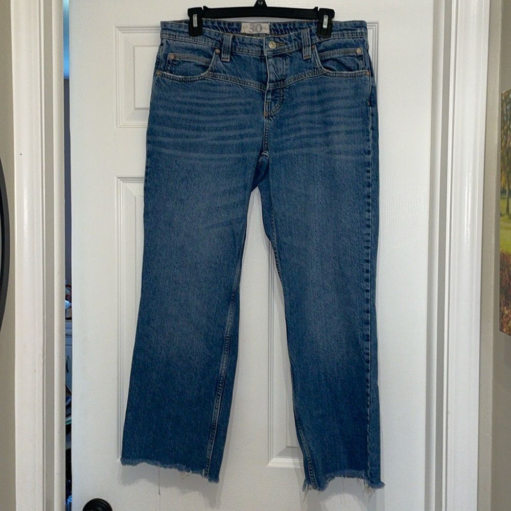 Free People We the Free Button Fly Wide Leg Raw Hem Cropped Jeans